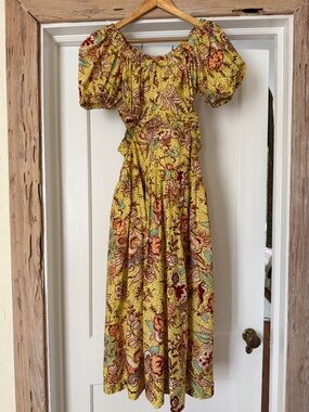 Ulla Johnson Yellow, Brown, Red, Teal Floral Paisley Puff-Sleeve Maxi Dress